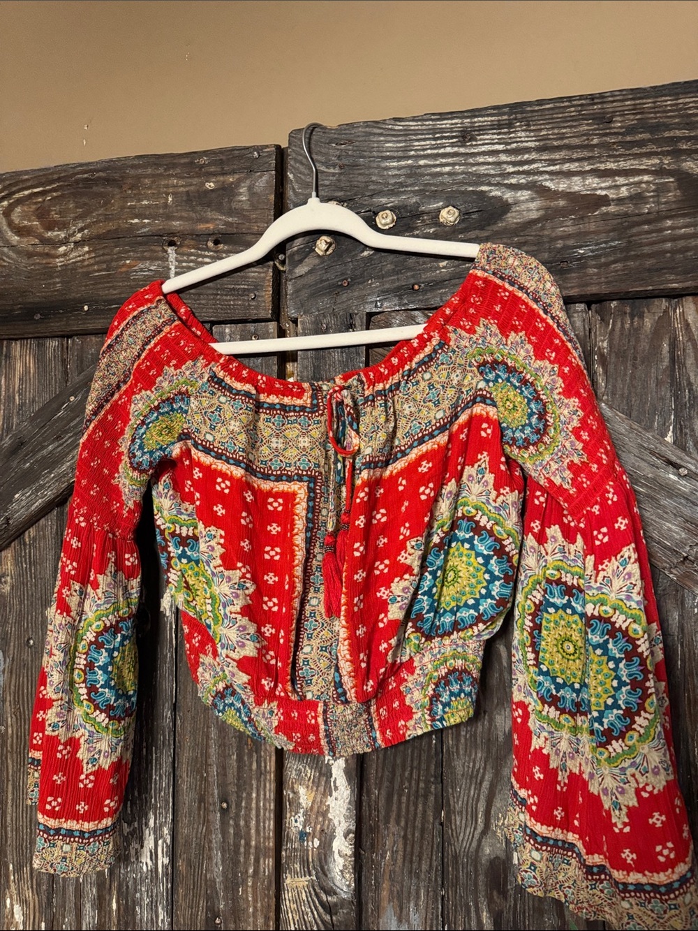 Band of Gypsies Red Boho Medallion Crop Peasant Top